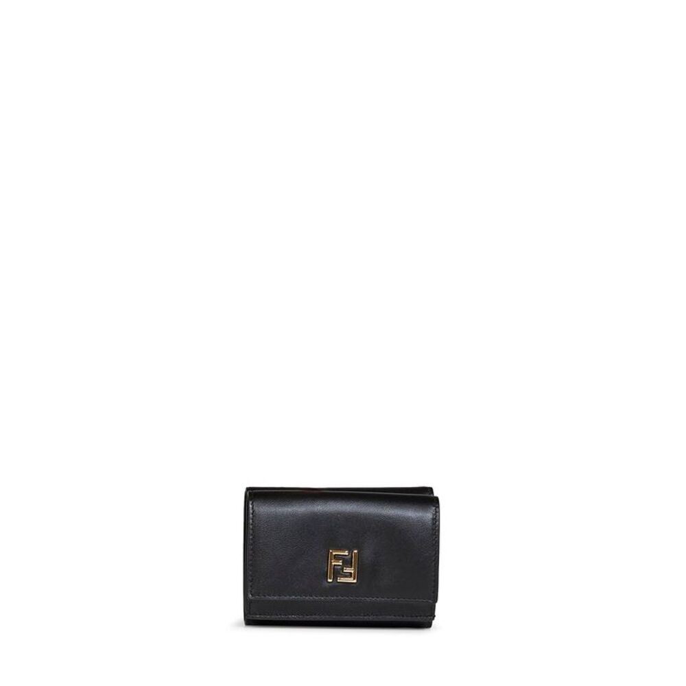 Fendi Women Black Grained Leather Mini Trifold Ff Wallet